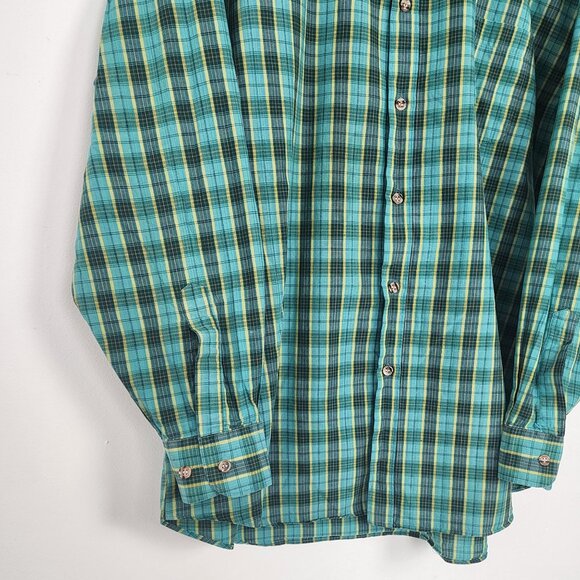 Vtg Cotton Plaid Long Sleeve Collared Button Down Shirt Turquoise Green Yellow - Picture 8 of 16